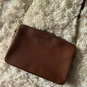 Michael Kors Brown Large Saffiano Leather Crossbody Bag with Gold Hardware